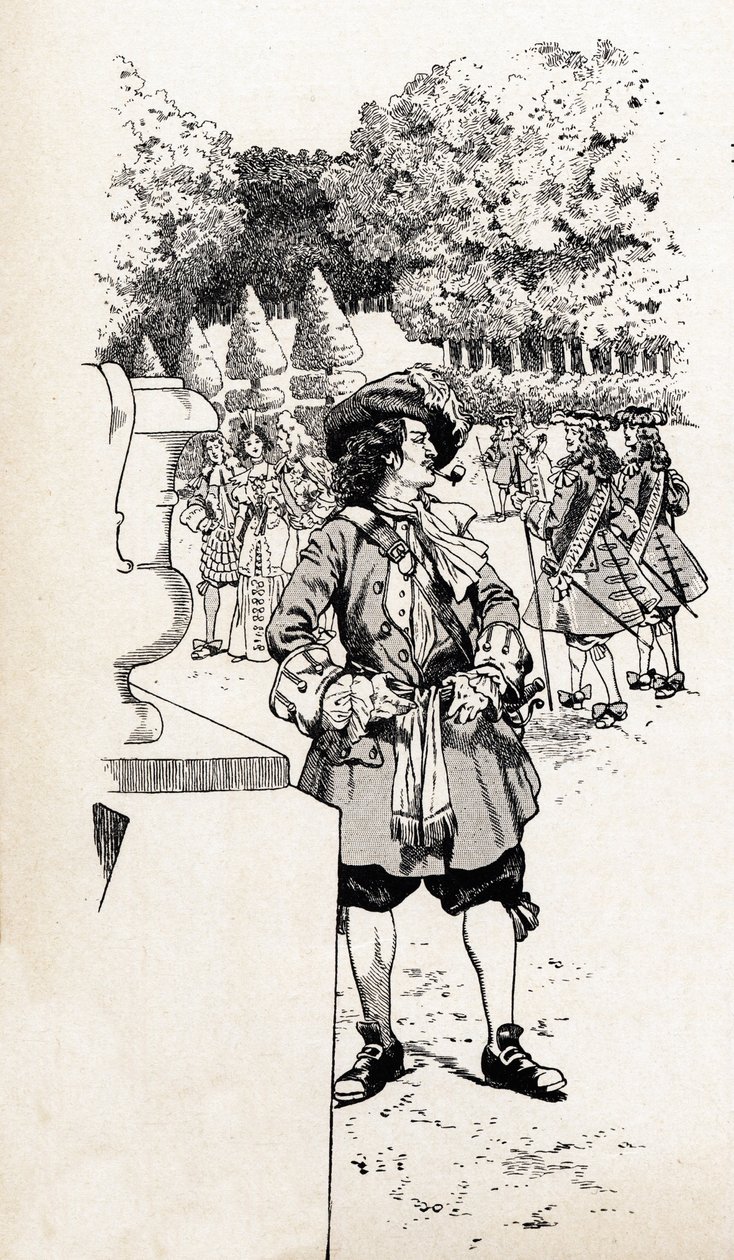 Kong Ludvig XIV av Frankrike kalte kong Soleil (1638-1715) med sine hoffmenn i Versailles hager. Illustrasjon av Job (Jacques Marie Gaston Onfray og Breville) (Jacques-Marie) (1858-1931) for boken "De store historiske ordene i landet Frankrike" av pseudonym for Onfray de Breville Jacques Job