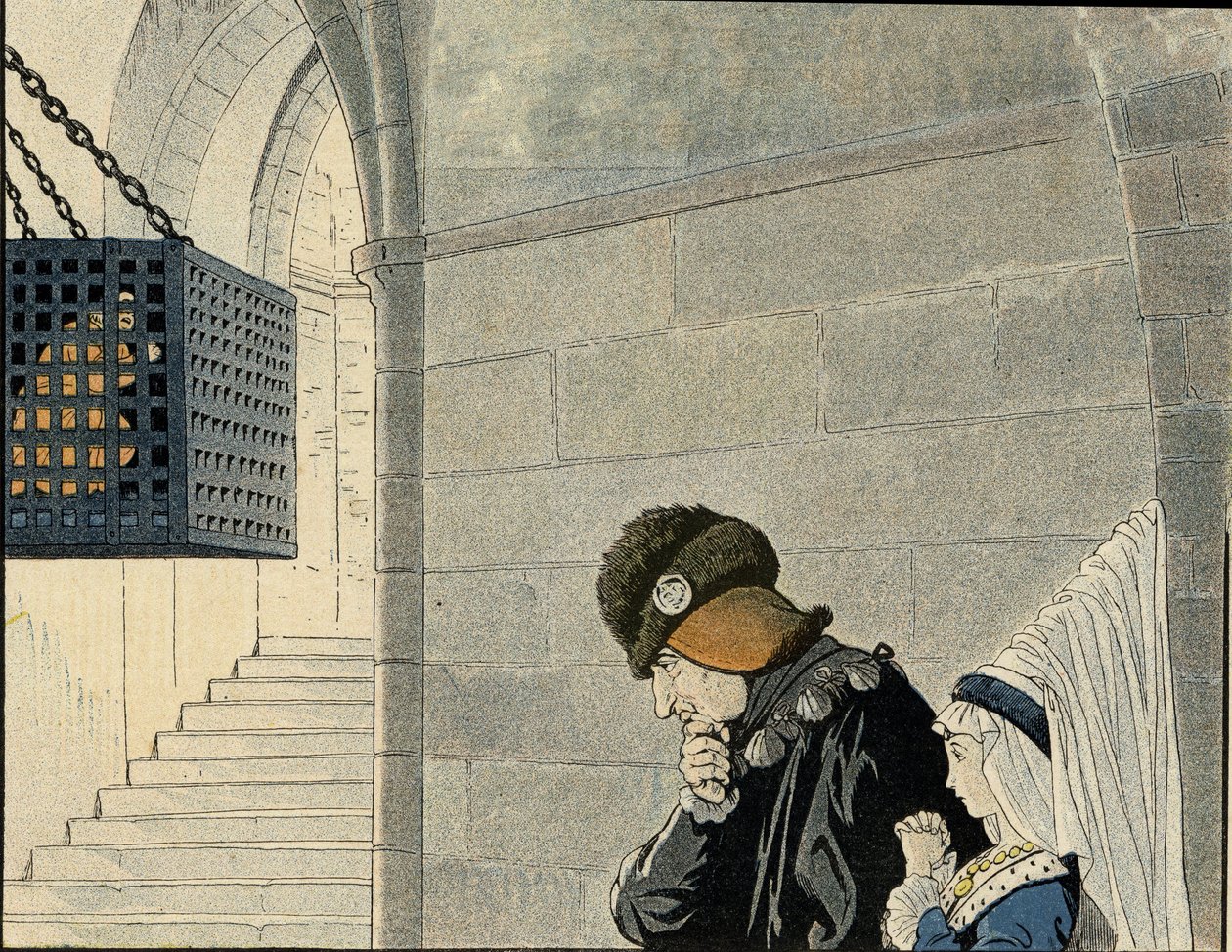 Kong Ludvig XI (1423-1483) besøker fangen Jean Balue (1421-1491), innelåst i 1469 i et jernbur for planlegging mot kongen. i "Frankrike, hans historie fortalt av G. Montorgueil, avbildet av Job""" 1896. Privat samling. av pseudonym for Onfray de Breville Jacques Job