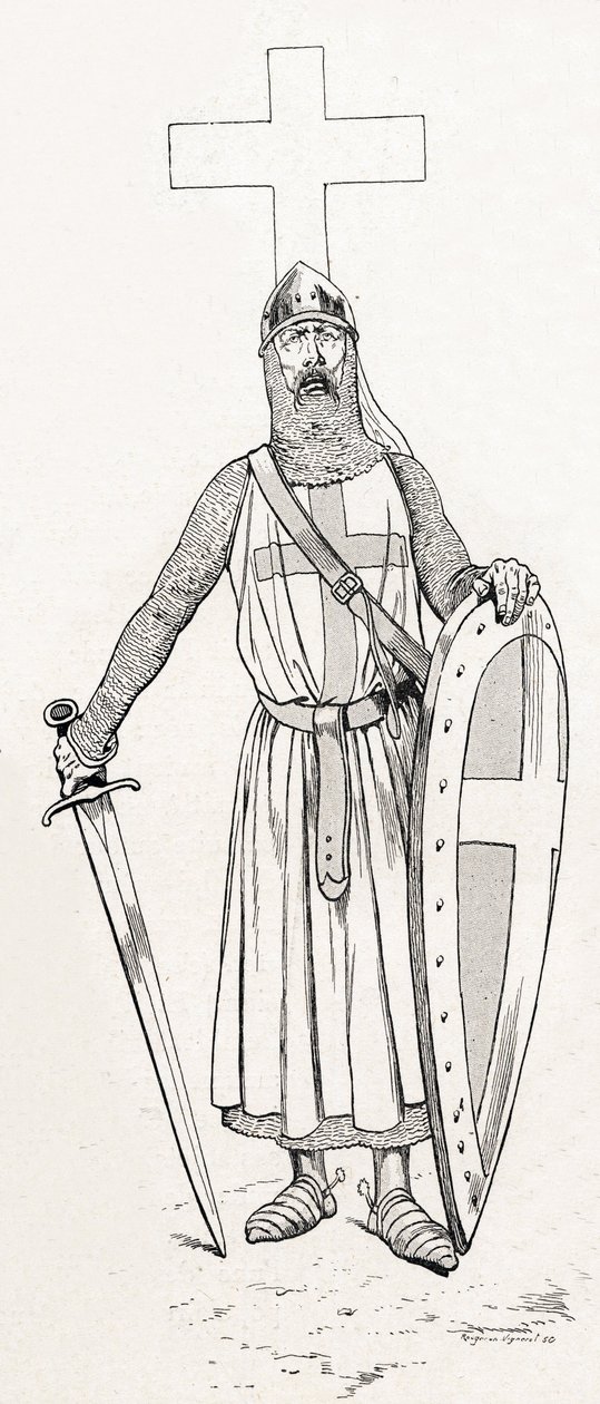 Ridder av Louis IX kjent som Saint Louis (1214-1270) i ​​korstogsdrakt. Illustrasjon av Job (Jacques Marie Gaston Onfray og Breville) (Jacques-Marie) (1858-1931) for boken «Les grands mots historique du pays de France»» 1915. Privee Collection. av pseudonym for Onfray de Breville Jacques Job
