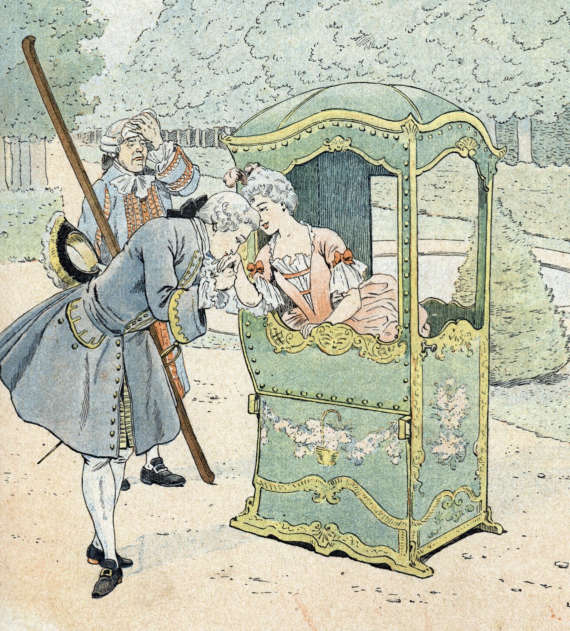 Dame av adelen på 1700-tallet, i en stol med portører som mottar kyssehånden av pseudonym for Onfray de Breville Jacques Job