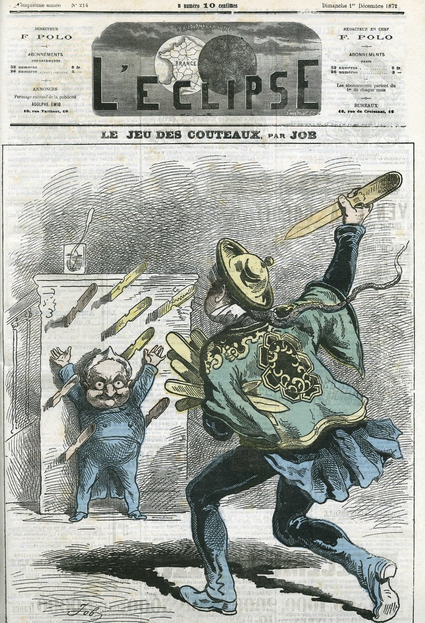 Le jeux des knives, Adolphe Thiers (1797-1877), fransk historiker og statsmann. Omslag i "" L'Eclipse"" av Job, 1. desember av pseudonym for Onfray de Breville Jacques Job