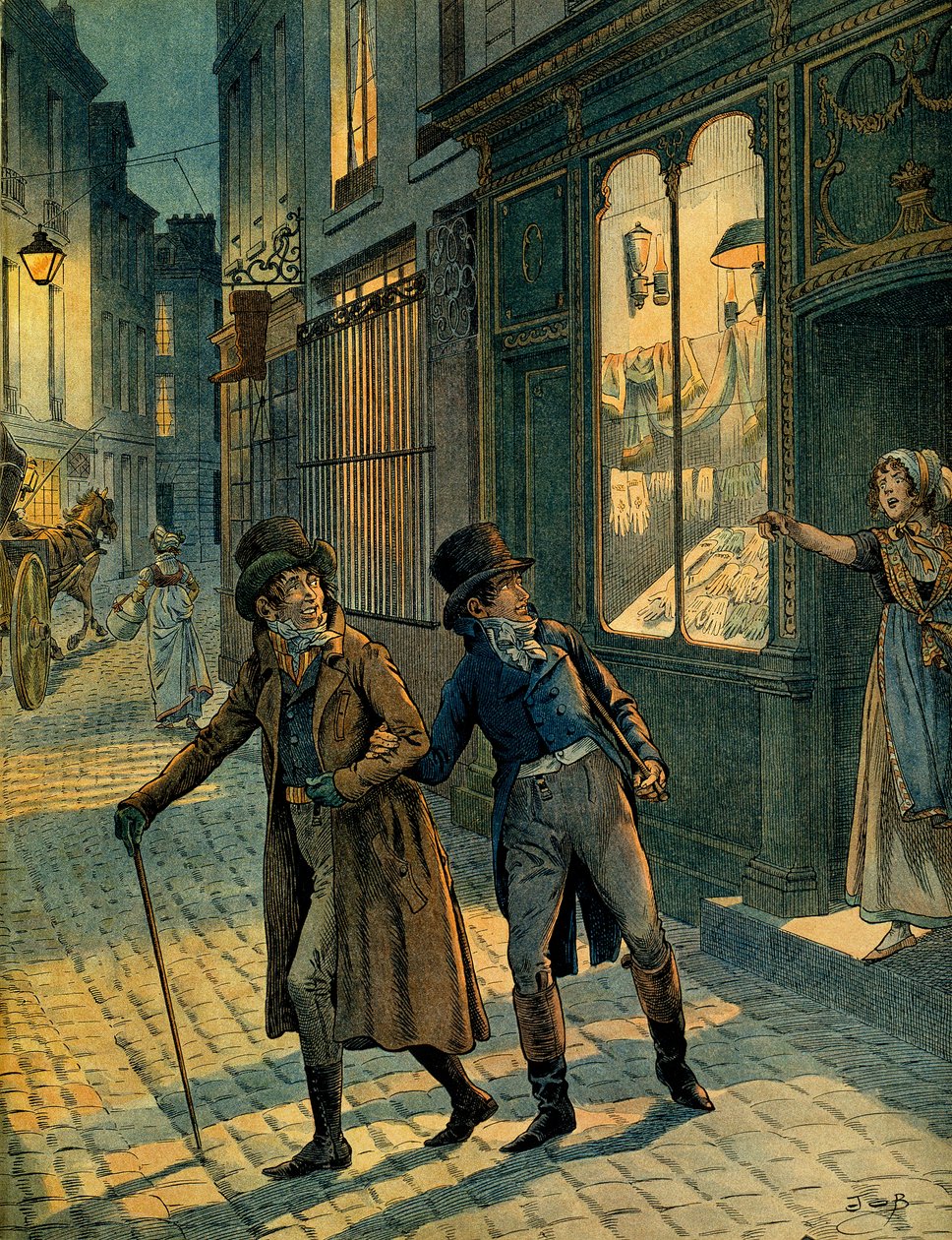 Louis Antoine Fauvelet de Bourrienne (1769-1834) og Napoleon I Bonaparte (1769-1821) i gatene i Paris inkognito. Illustrasjon av Jacques Marie Gaston Onfray de Breville dit JOB (1858-1931). Privat samling av pseudonym for Onfray de Breville Jacques Job