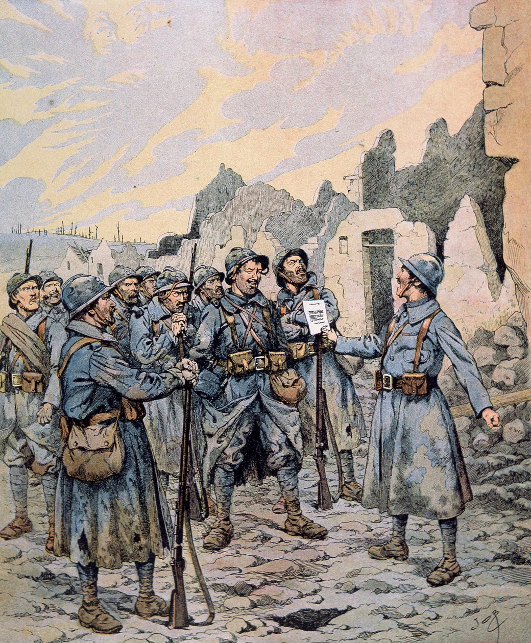 Mytteri i den franske hæren på vestfronten, april-mai 1917 (farge litho) av pseudonym for Onfray de Breville Jacques Job