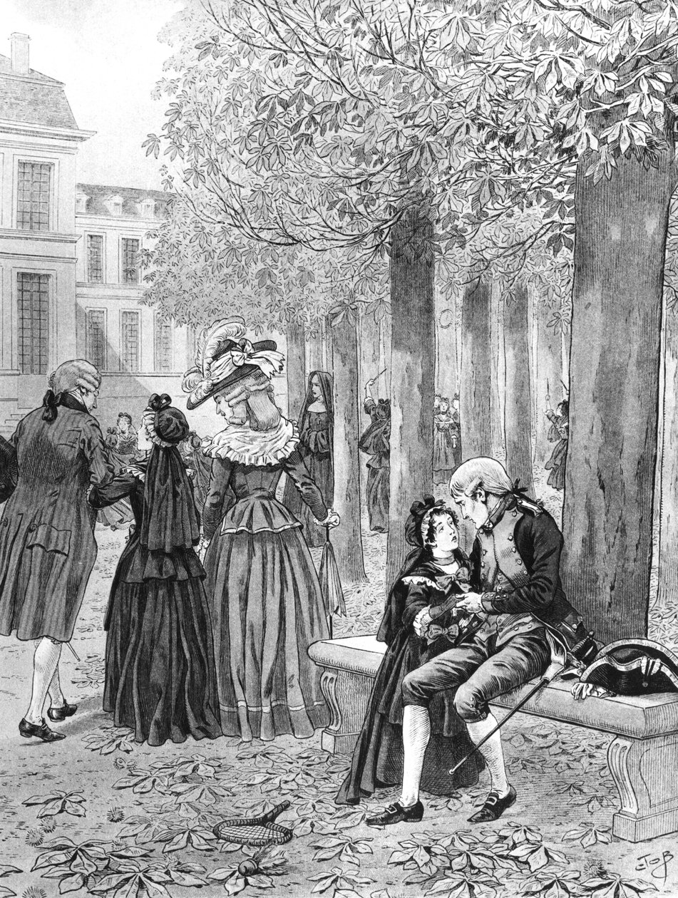 Napoleon Bonaparte (1769-1821) Overtar ansvaret for sin søster Elisa på St. Cyr i ca. 1784, illustrasjon fra 