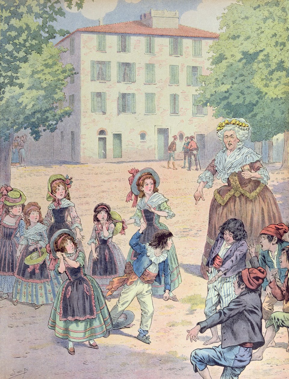 Napoleon Bonaparte (1769-1821) som barn i en tvist med kameratene foran hans hjem i Ajaccio, Corsica, ca. 1910 (farge litho) av pseudonym for Onfray de Breville Jacques Job