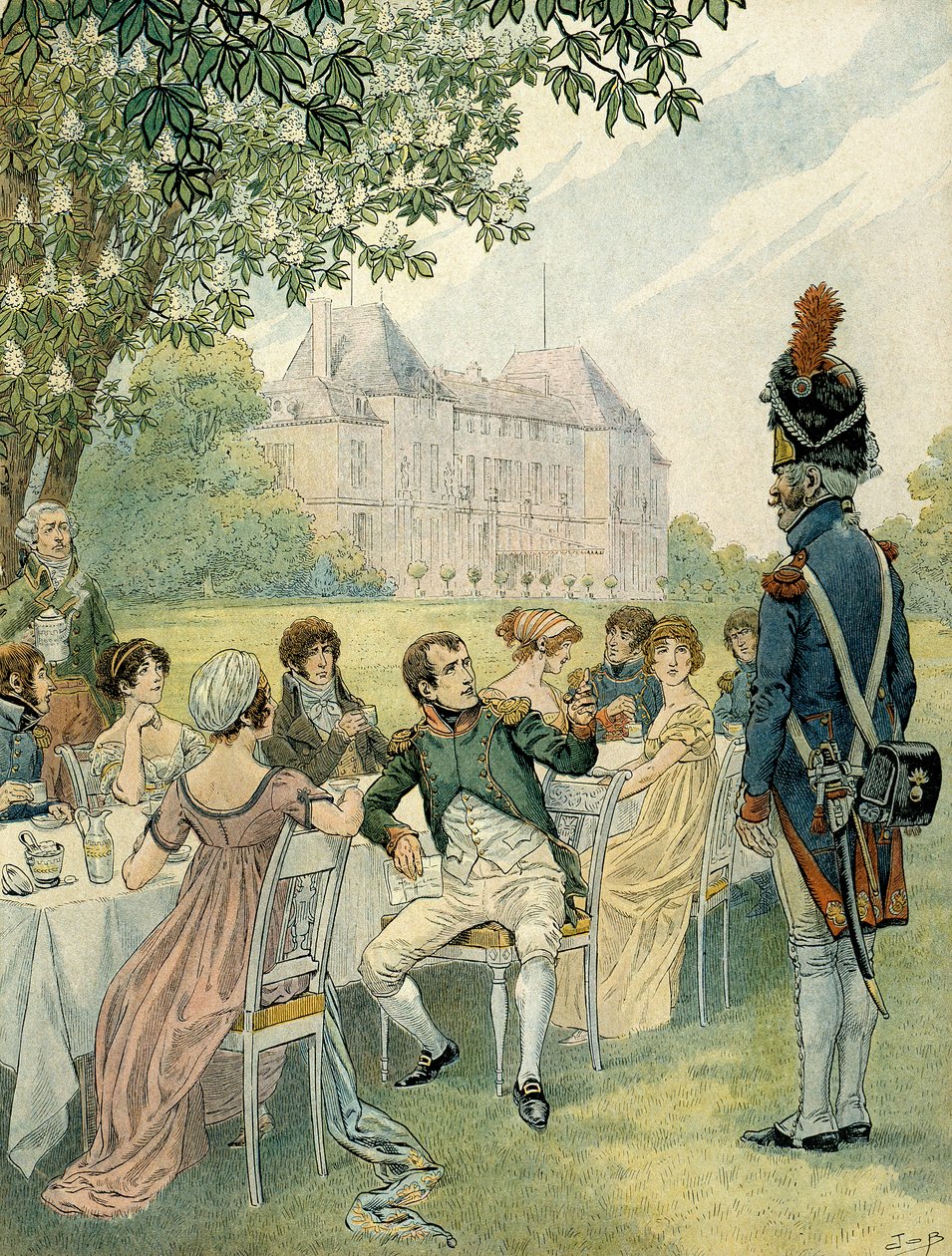 Napoleon I Bonaparte (1769-1821) under en lunsj i hagen til slottet Malmaison. Illustrasjon av Jacques Marie Gaston Onfray de Breville dit JOB (1858-1931). Privat samling av pseudonym for Onfray de Breville Jacques Job