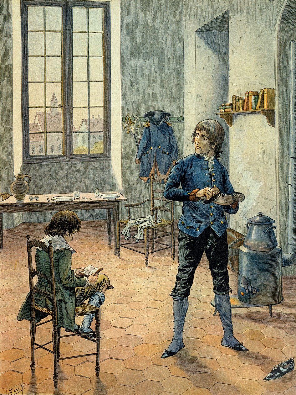 Napoleon I Bonaparte (1769-1821) i garnison i Auxonne sammen med broren Louis Bonaparte (1778-1846) som leste mellom 1788 og 1789. Illustrasjon av Jacques Marie Gaston Onfray de Breville dit JOB (1858-1931) av pseudonym for Onfray de Breville Jacques Job