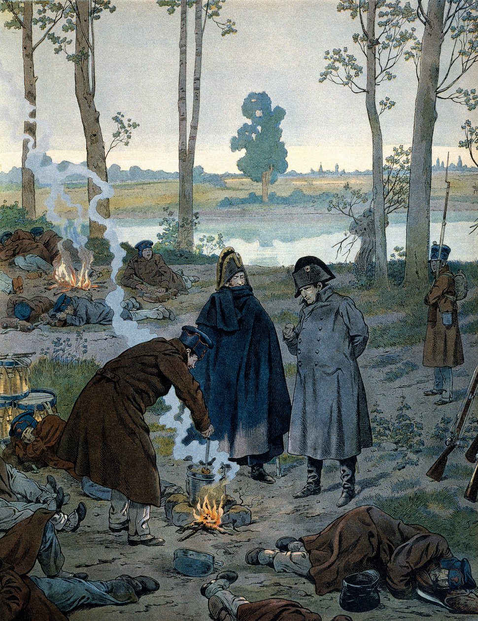 Napoleon I Bonaparte (1769-1821) i bivuakene på tampen av slaget ved Waterloo i 1815. I "" Napoleon"" av Georges Montorgueil. Illustrasjon av Jacques Marie Gaston Onfray de Breville dit JOB (1858-1931) av pseudonym for Onfray de Breville Jacques Job