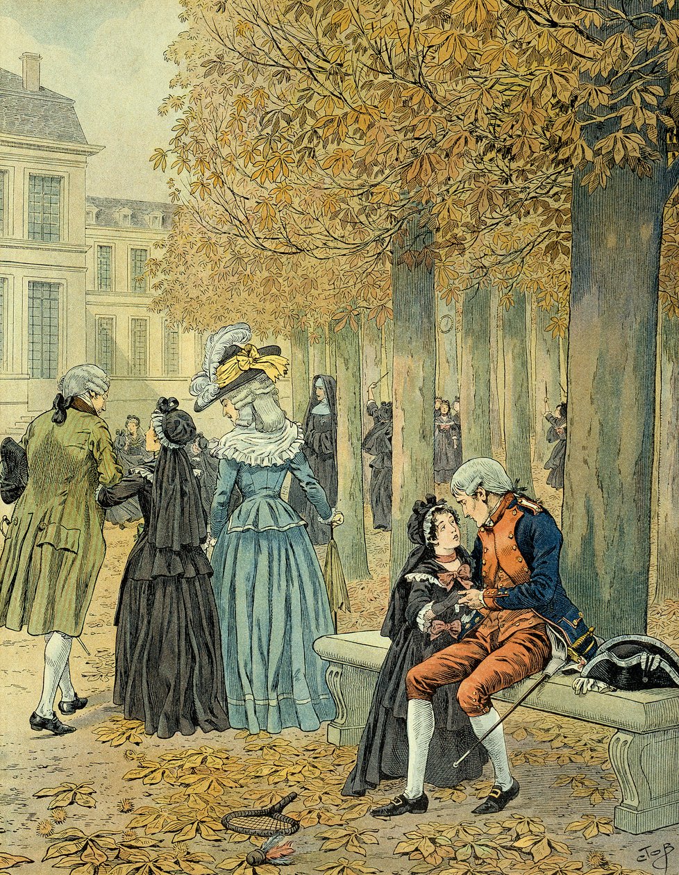 Napoleon I Bonaparte (1769-1821) besøkte sin søster Elisa Bonaparte (1777-1820) i kongehuset til Saint Cyr (Saint-Cyr). Illustrasjon av Jacques Marie Gaston Onfray de Breville dit JOB (1858-1931) av pseudonym for Onfray de Breville Jacques Job