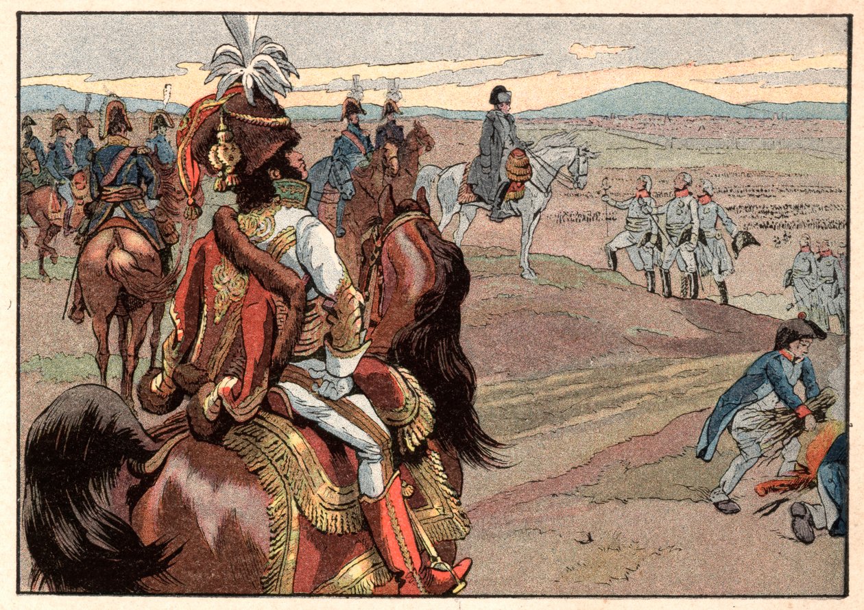 Napoleon I Bonaparte (1769-1821) med Joachim Murat (1767-1815) under overgivelsen av Ulm i 1805. Gravering av Jacques Marie Gaston Onfray de Breville dit Job (1858-1931) av pseudonym for Onfray de Breville Jacques Job