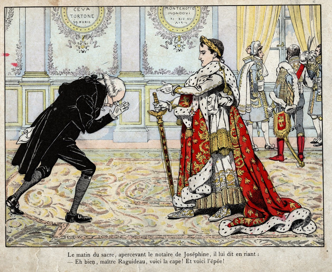 Napoleon og notarius Raguideau, kroningsmorgen 1804 - litografi av Job (Jacques Onfroy de Breville) fra "" Le Grand Napoleon des Petites Enfants""" 1893 av pseudonym for Onfray de Breville Jacques Job