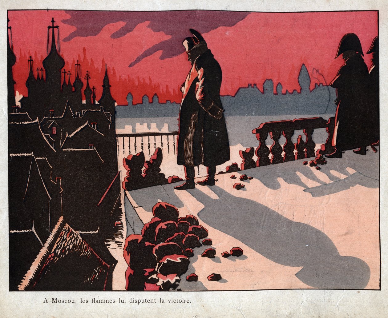Napoleon contemple the fire of Moscow - He watches Moscow burn (15-16 September 1812) - - lithograph by Job (Jacques Onfroy de Breville) from “” Le Grand Napoleon des Petites Enfants””” 1893 av pseudonym for Onfray de Breville Jacques Job