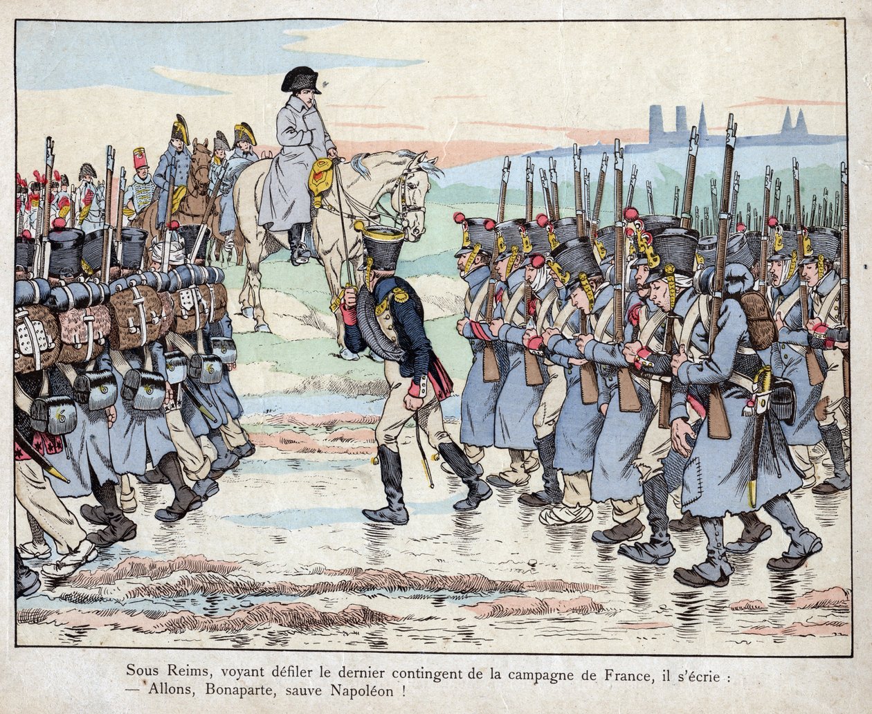 Napoleon ser på den siste kontingenten av hæren på den franske landsbygda nær Reims, 16. mars av pseudonym for Onfray de Breville Jacques Job