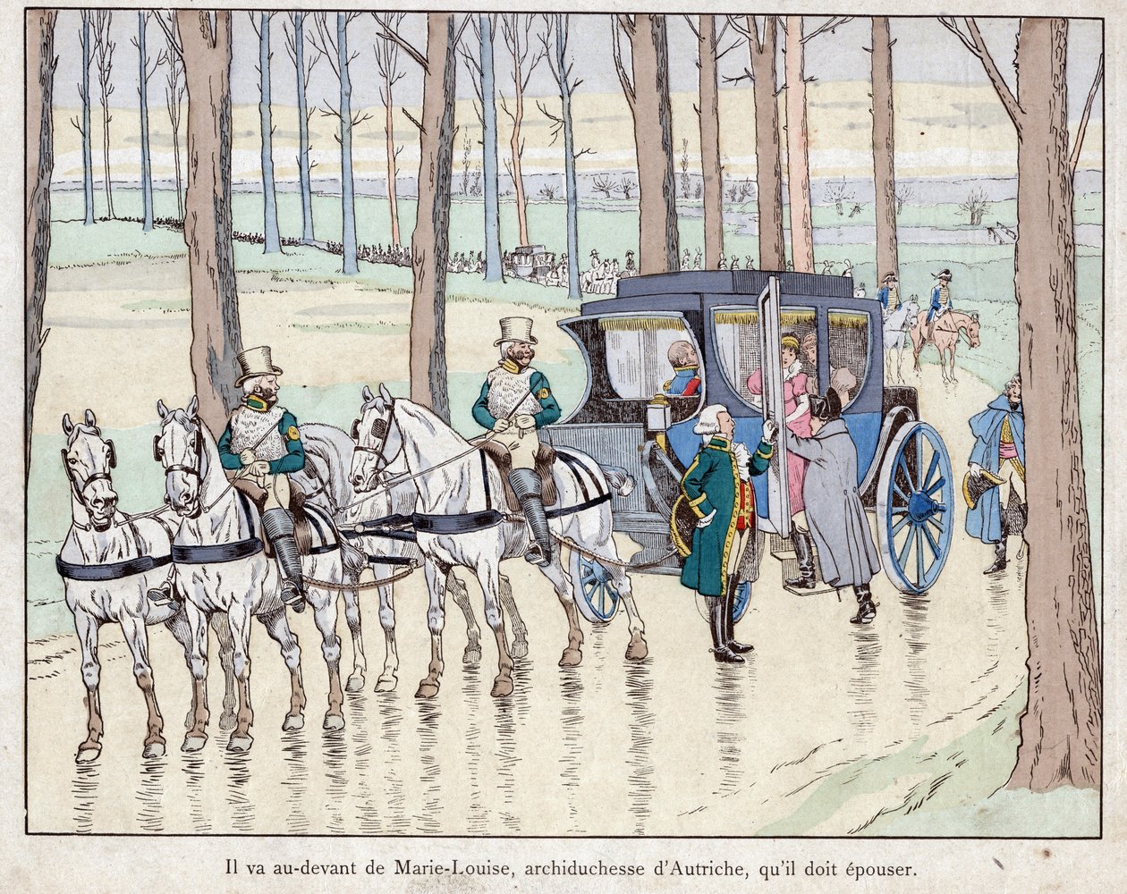 Napoleon møter erkehertuginne Marie-Louise av Østerrike - 1810 - litografi av Job (Jacques Onfroy de Breville) fra "" Le Grand Napoleon des Petites Enfants""" 1893 av pseudonym for Onfray de Breville Jacques Job