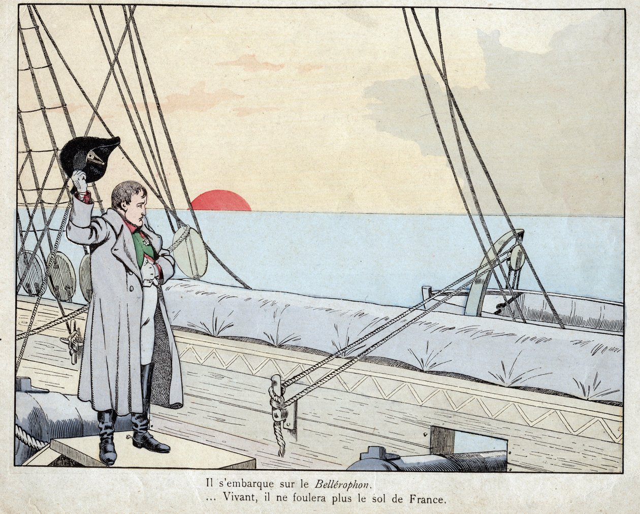 Napoleon om bord på HMS Bellerophon 1815 - litografi av Job (Jacques Onfroy de Breville) fra "" Le Grand Napoleon des Petites Enfants""" 1893 av pseudonym for Onfray de Breville Jacques Job