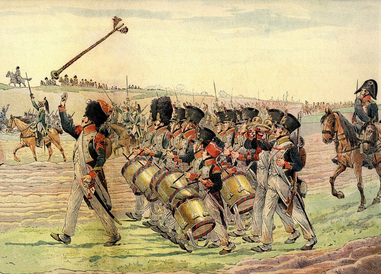 Regiment av Napoleonshæren som marsjerer til kamp ved lyden av musikk, ca. 1900 (trykk) av pseudonym for Onfray de Breville Jacques Job