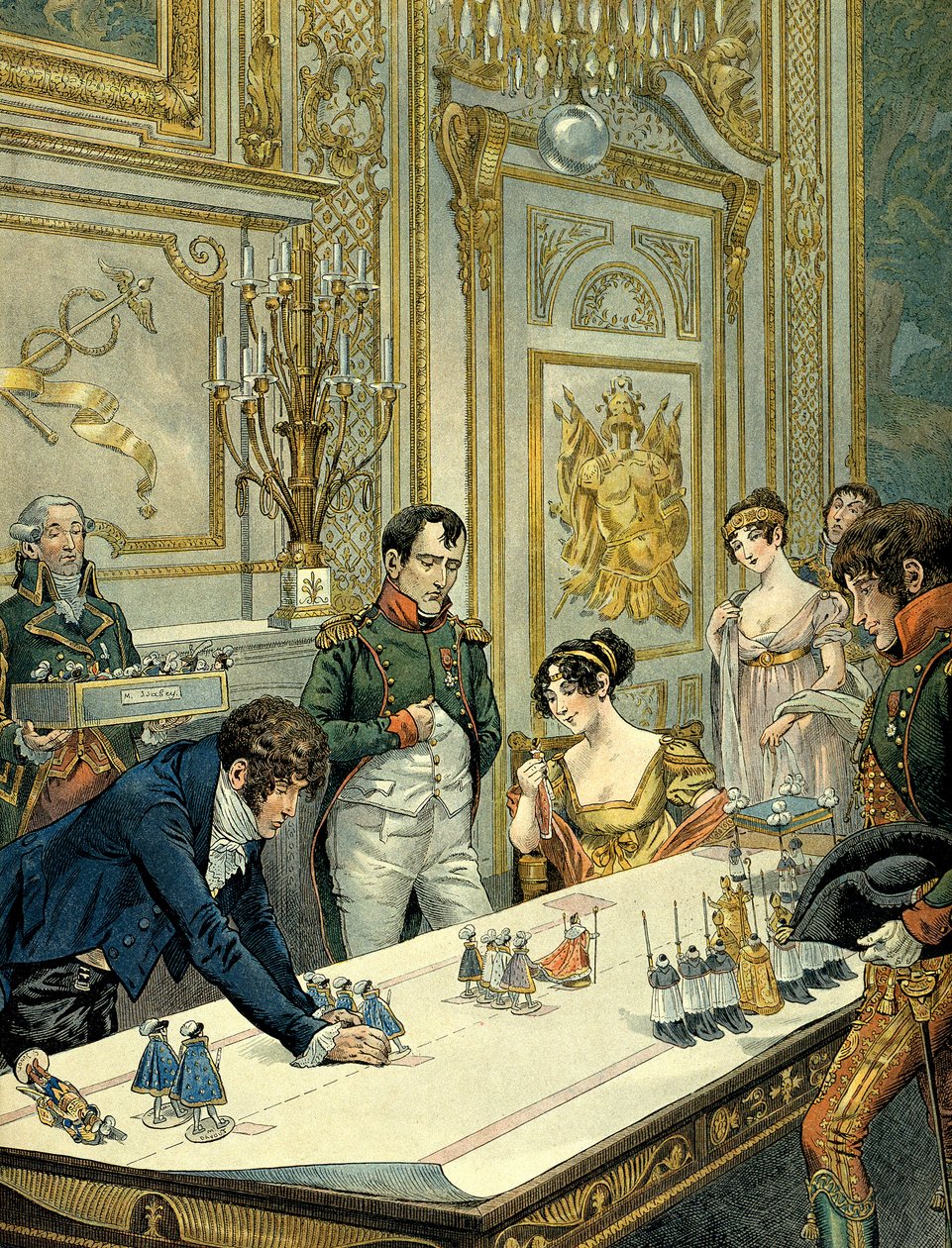 Gjentakelse av uren under det hellige av maleren Isabey (1767-1855) i nærvær av Josephine de Beauharnais (1763-1814) og Napoleon I Bonaparte (1769-1821) i slottet Fontainebleau. Illustrasjon av Jacques Marie Gaston Onfray de Brevill av pseudonym for Onfray de Breville Jacques Job