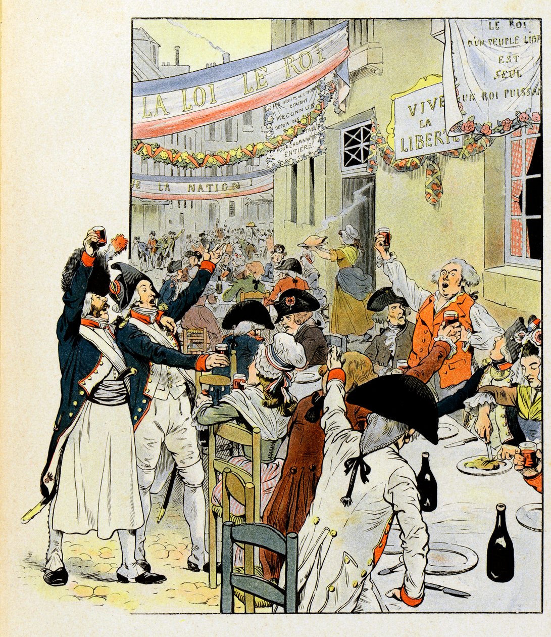 Revolusjonær bankett etter erobringen av Bastillen - Illustrasjon av Job (Jacques Marie Gaston Onfray og Breville) (Jacques-Marie) (1858-1931) for boken "La Tour d