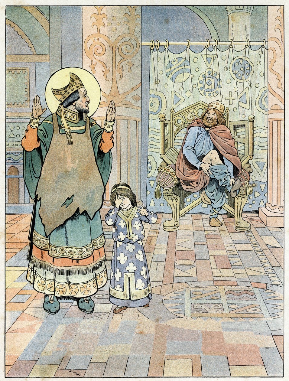 Saint Eloi (v.588-659) påpeker overfor kongen av Frankrike Dagobert I (602 eller 605-638 eller 639) at buksene hans ble satt opp ned (underbuksene opp ned). i "Frankrike, hans historie fortalt av G. Montorgueil, imagee av Job"" 1896. Privat samling. av pseudonym for Onfray de Breville Jacques Job