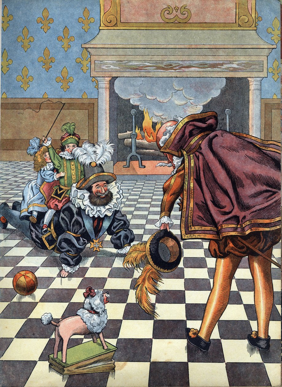 Scene of the history of France in toys: King of France Henri IV (1553-1610) playing with his children in front of the Spanish ambassador. In “” Joujoux a l