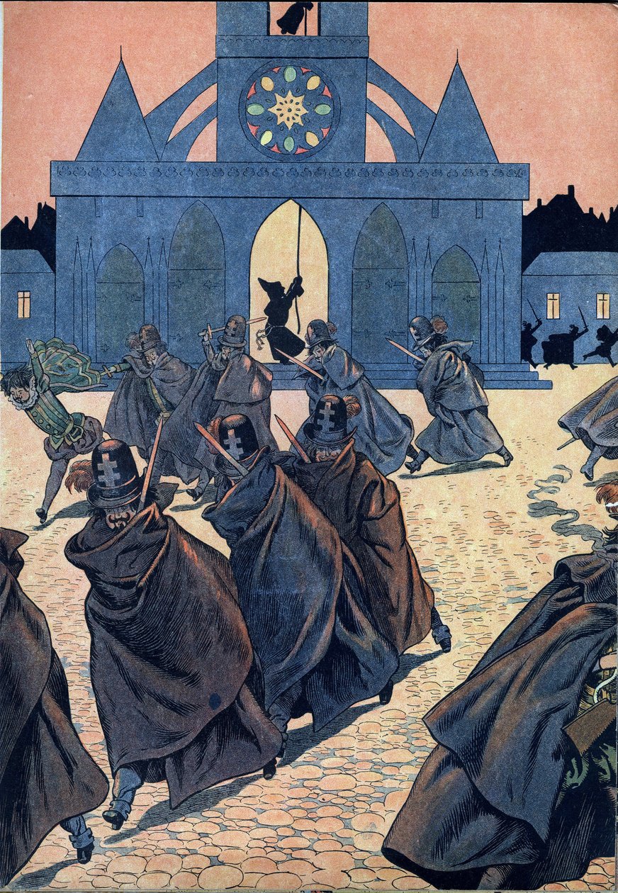 Scene fra Frankrikes historie i leker: La Saint Barthelemy (Saint-Barthélemy). En munk ringer toksinen til kirken Saint Germain l'Auxerrois for å få frem tryllekunstnerne iført lange kåper og hatter med det hvite korset (insignier fra den katolske saml av pseudonym for Onfray de Breville Jacques Job