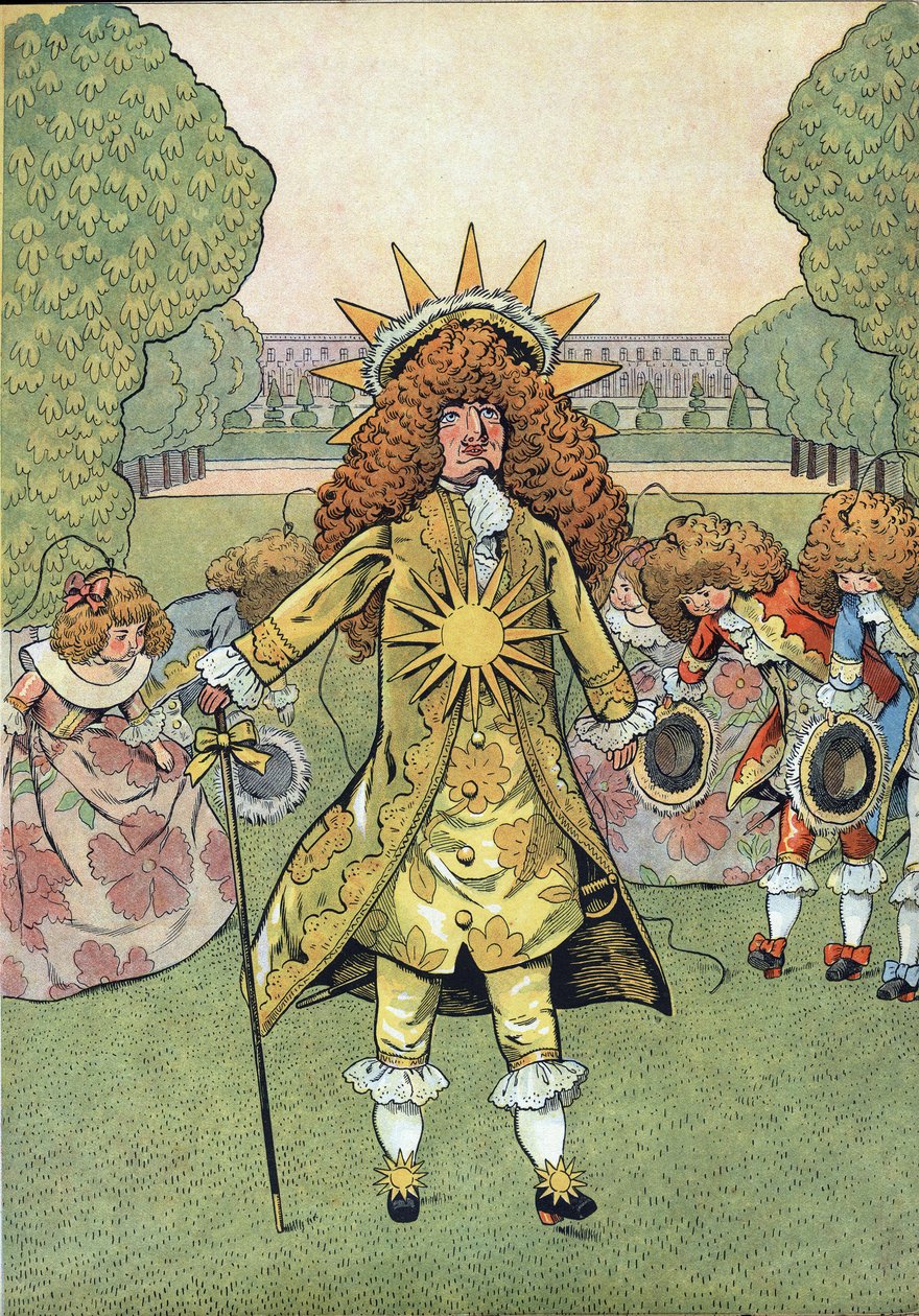 Scene av historien til Frankrike i leker: Portrett av kongen av Frankrike Ludvig XIV (1638-1715) sa Solkongen i hagene til Versailles med sin hoff trekke ærbødighet. I "" Joujoux a l'histoire: la France iscenesatt med Joujoux de deux petits F av pseudonym for Onfray de Breville Jacques Job