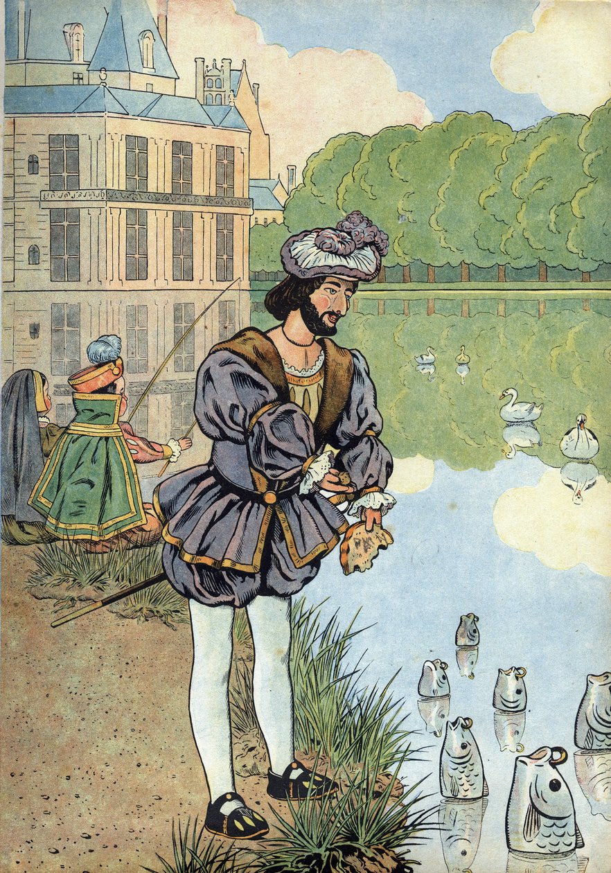 Scene of the history of France in toys: the King of France Francois I (1494-1547) gives bread to the fish of the park of Fontainebleau. In “” Joujoux a l