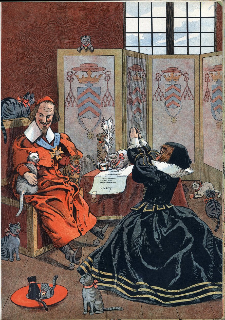 Scene fra Frankrikes historie i leker: kvinne som ber om tilgivelse til kardinal Richelieu (1585-1642) omgitt av katter. I "" Joujoux a l