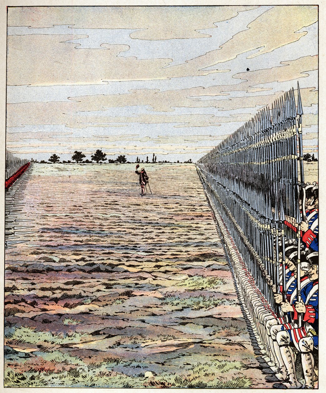 Skyt de første engelske ordene til greven av Auteroche uttalt i slaget ved Fontenoy 11.05.1745 under den østerrikske arvefølgekrigen (1740-1748). Illustrasjon av Job (Jacques Marie Gaston Onfray og Breville) (Jacques-Marie) (185 av pseudonym for Onfray de Breville Jacques Job
