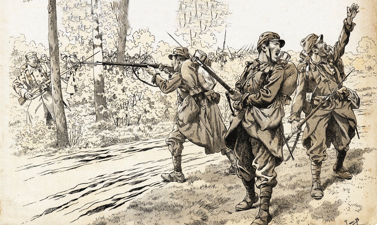 Shoot them! French soldiers of the 1914-1918 war sent on patrol to recognize the strength and exact location of the enemy. Having found the German troops, they gave the order to fire without worrying about being caught between fires. Illustration of Job (J av pseudonym for Onfray de Breville Jacques Job