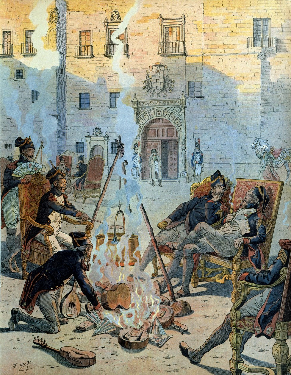 Spanskekrigen (1808-1813): Den franske hæren til Napoleon I Bonaparte (1769-1821) i Spania koser seg. I "" Napoleon"" av Georges Montorgueil. Illustrasjon av Jacques Marie Gaston Onfray de Breville dit JOB (1858-1931) av pseudonym for Onfray de Breville Jacques Job