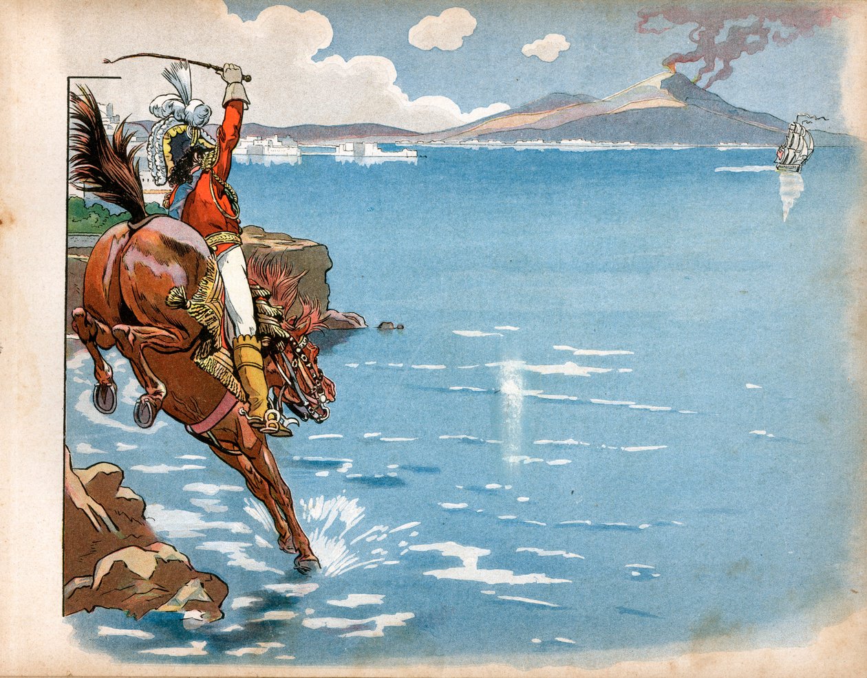 Engelskmennene red på kysten av staten hans, og mens han syklet på hesteryggen på kysten, så Joachim Murat (1767-1815), konge av Napoli, en engelsk fregatt, dyttet hesten hans i vannet og stormet. Gravering av Jacques Marie Gaston Onfray de Breville av pseudonym for Onfray de Breville Jacques Job