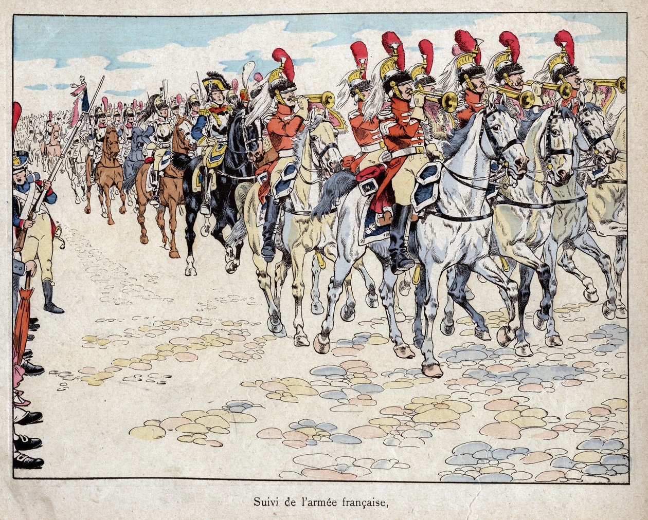 Den franske hæren på vei inn i Berlin, 27. oktober 1806 - litografi av Job (Jacques Onfroy de Breville) fra "" Le Grand Napoleon des Petites Enfants""" 1893 av pseudonym for Onfray de Breville Jacques Job