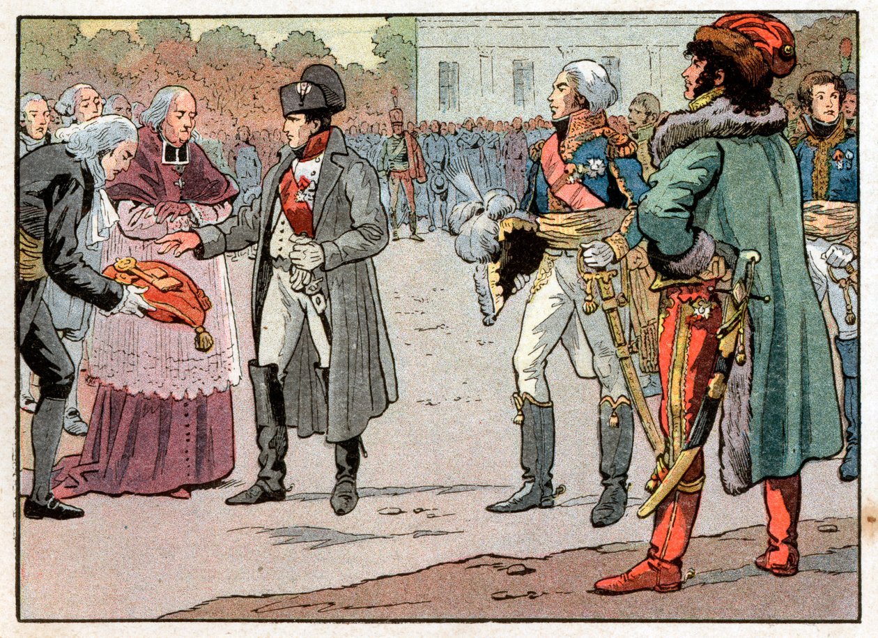 Forsvarerne av Wien overleverte til Napoleon I Bonaparte (1769-1821) nøklene til byen i nærvær av Joachim Murat (1767-1815) 14.11.1805. Gravering av Jacques Marie Gaston Onfray de Breville dit Job (1858-1931) av pseudonym for Onfray de Breville Jacques Job