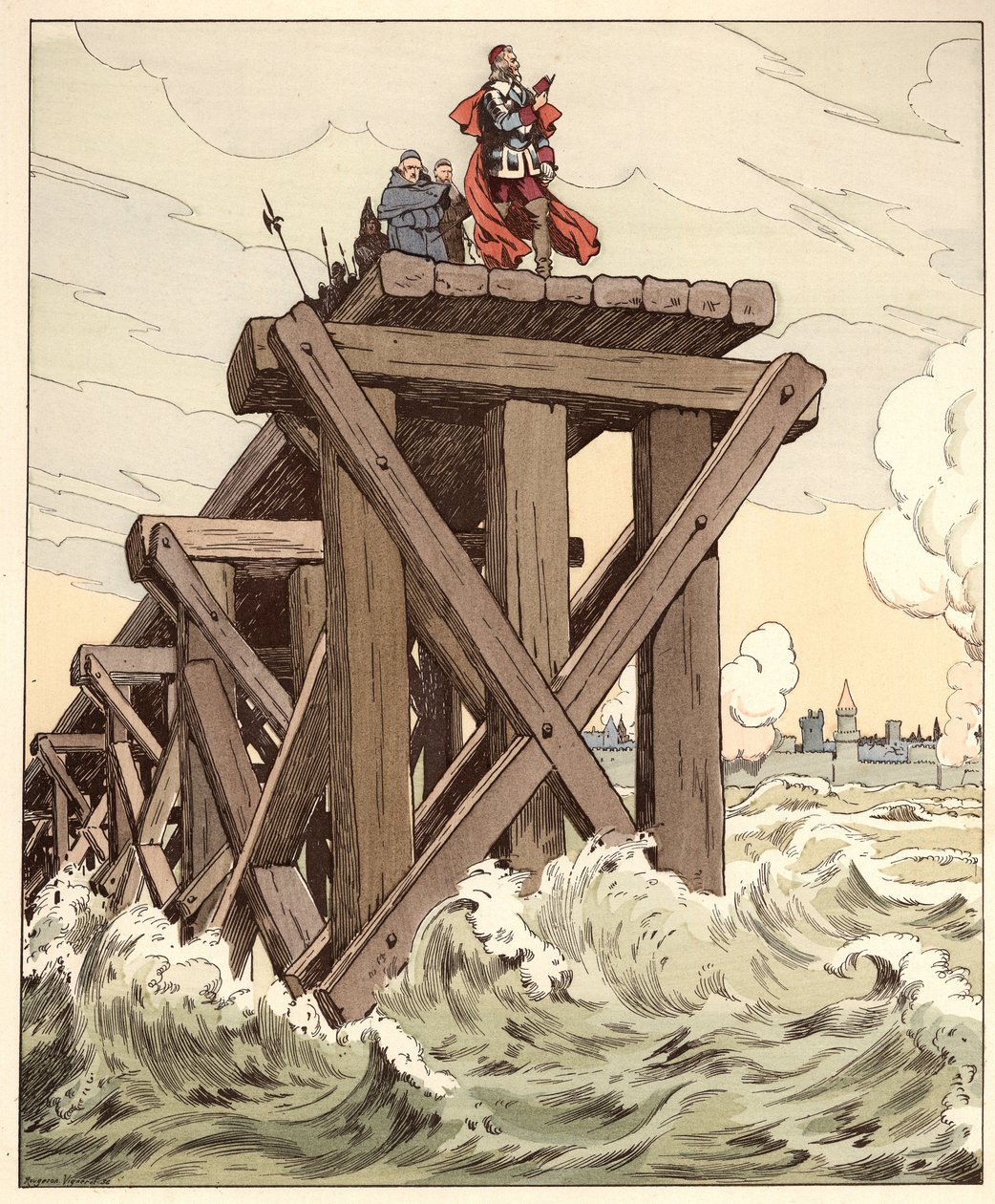 The fog is very great on France but the sun will dissipate them words of Armand Jean du Plessis, cardinal of Richelieu (1585-1642) with in hand a Quinte-Curce (Quinte Curce) on the dam built for the seat of La Rochelle in 1628. Illustration of Job (Jacques av pseudonym for Onfray de Breville Jacques Job