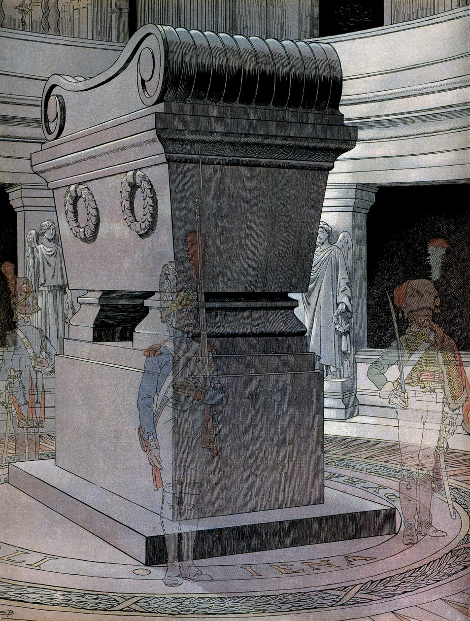 Graven til keiser Napoleon I Bonaparte (1769-1821) ved Invalides med spøkelsesvakter. I "" Napoleon"" av Georges Montorgueil. Illustrasjon av Jacques Marie Gaston Onfray de Breville dit JOB (1858-1931) av pseudonym for Onfray de Breville Jacques Job