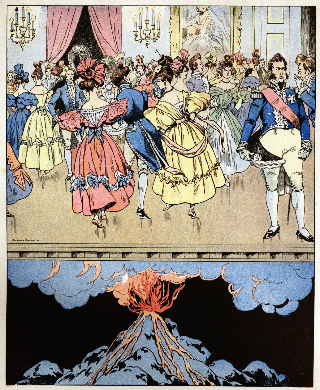 Vi danser på en vulkan. Ord fra grev Narcisse Achille de Salvandy (1795-1856) som forutsier revolusjonen til de tre strålende til Louis Philippe I, hertugen av Orleans (Louis-Philippe) av pseudonym for Onfray de Breville Jacques Job