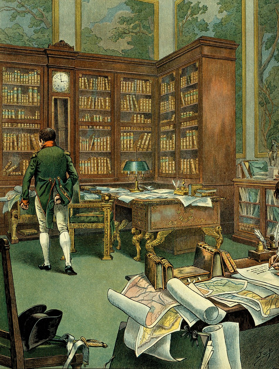 Arbeidskabinett til Napoleon I Bonaparte (1769-1821) i første etasje i Palais des Tuileries mens han var førstekonsul. Skrivebord med bibliotek og klokke bygget i tre. Illustrasjon av Jacques Marie Gaston Onfray de Breville dit JOB (1858-1931). Private Co av pseudonym for Onfray de Breville Jacques Job