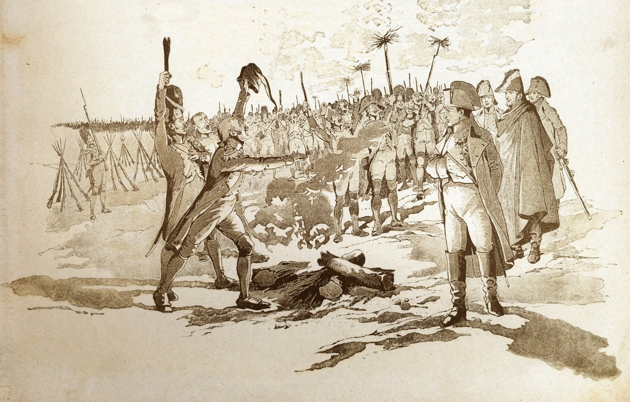 Du trenger ikke å avsløre deg selv, vi vil bringe deg flaggene og kanonene til en grenader før slaget ved Austerlitz da Napoleon I Bonaparte (1769-1821) besøkte bivuakene. Illustrasjon av Job (Jacques Marie Gaston Onfray og Breville) (Jacques- av pseudonym for Onfray de Breville Jacques Job