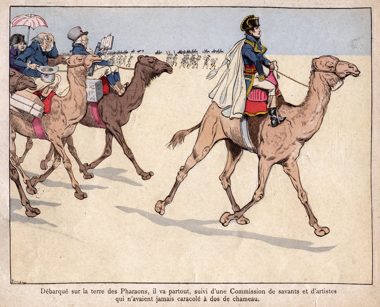 Napoleon debarque sur la terre des Pharaohs - NAPOLEON I EGYPT - Under sitt egyptiske felttog blir han ledsaget av forstandere som han besøker de arkeologiske stedene med - litografi av Job av pseudonym for Onfray de Breville Job