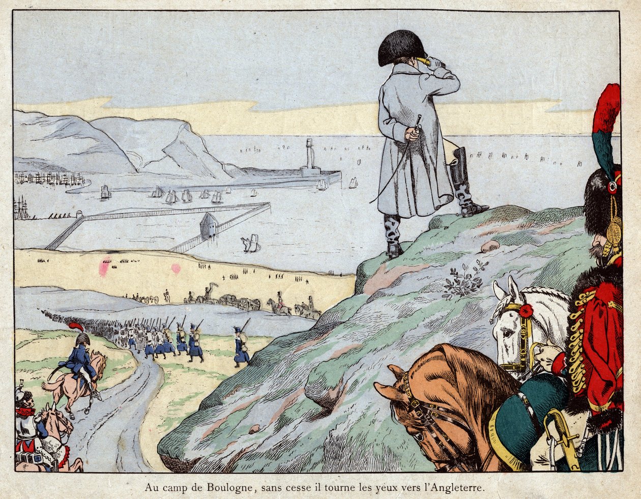 Angrepsprosjekt av England av engelsk hær ledet av Napoleon fra Boulogne-sur-Mer leir i mars 1803 - litografi av Job av pseudonym for Onfray de Breville Job