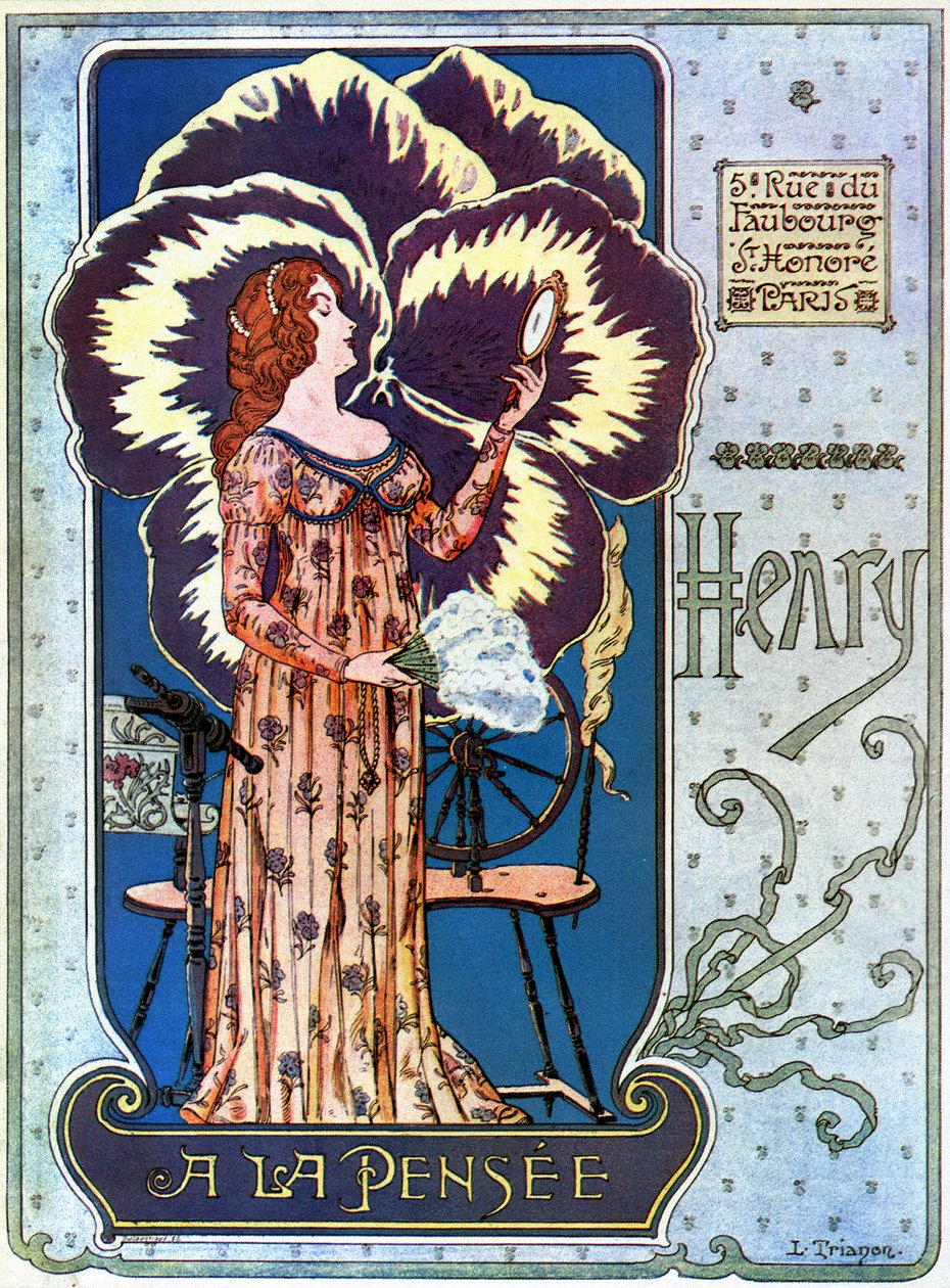 Art Nouveau: reklameplakat for kosmetikkbutikken "Henry a la Thought" i Paris. En ung kvinne beundrer seg selv i et speil, bak henne en tankeblomst. Illustrasjon av L. Trianon av pseudonym of Trinquier Louis Trinquier Trianon