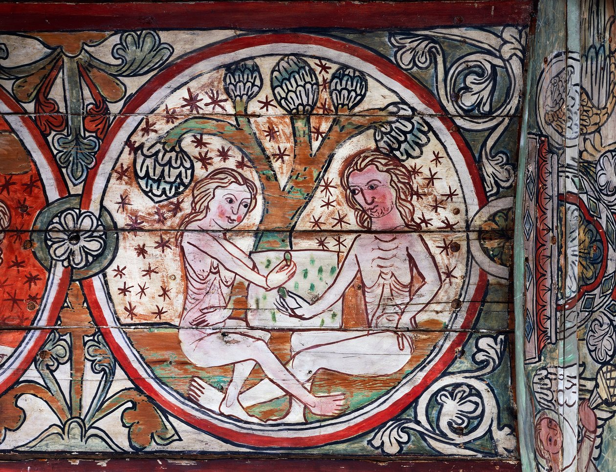 Adam og Eva i Edens hage, dekorasjon fra Al Stavkirke, Norge (fresco) av school Scandinavian