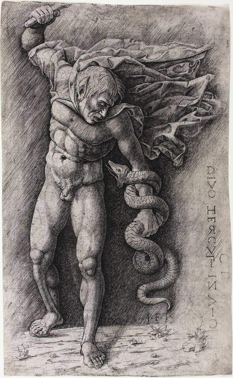 Faun som angriper en slange av school of Andrea Mantegna