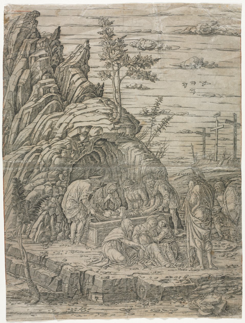 Gravleggingen med de fire fuglene av school of Andrea Mantegna