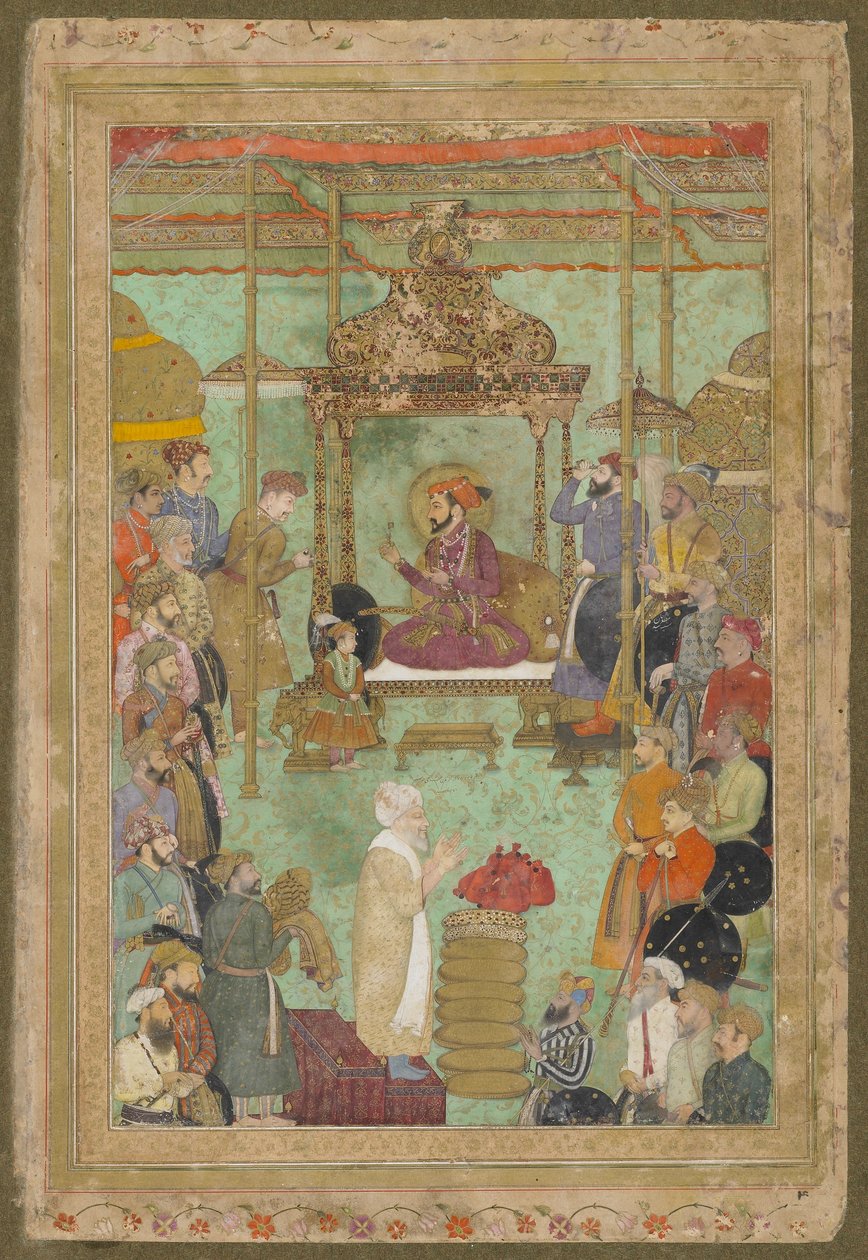 Shah Jahan tronet med Mahabat Khan og en Shaykh, "The Padshahnama", 1629-30 av son of Aqa Riza Abid