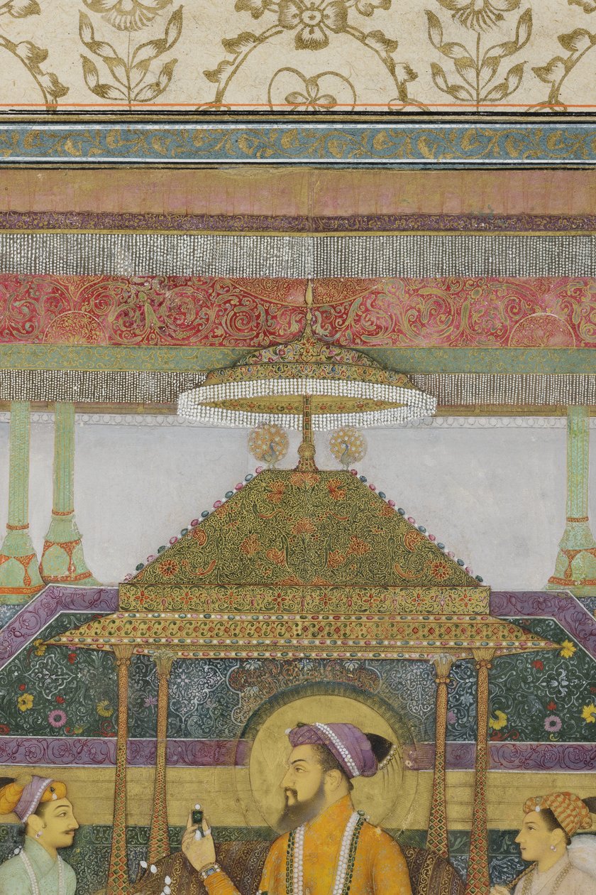 Detalj fra The Emperor Shah Jahan on the Peacock Throne, 1640 (ugjennomsiktig wc og gull på papir) av son of Aqa Riza Abid
