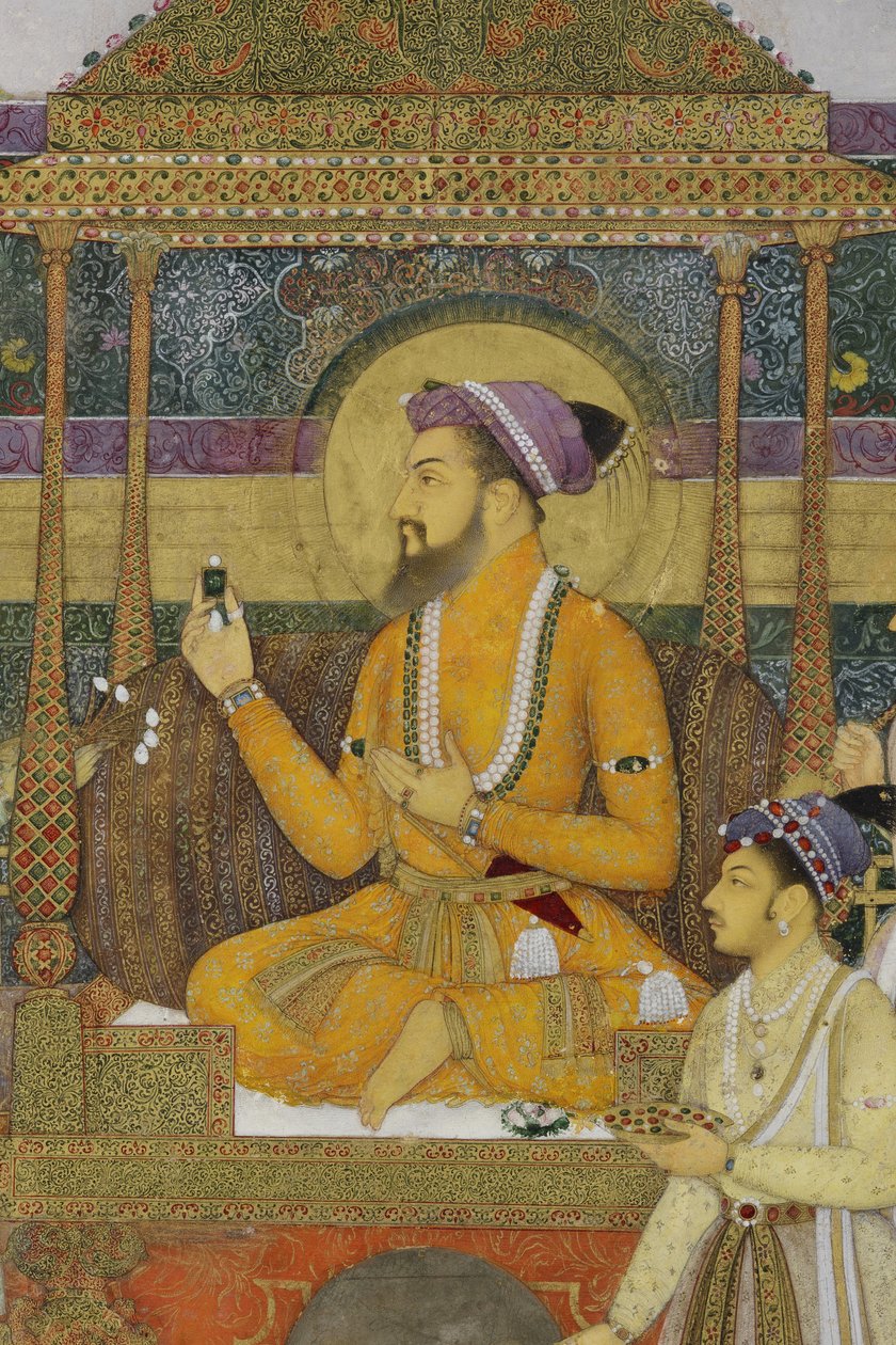 Detalj fra The Emperor Shah Jahan on the Peacock Throne, 1640 (ugjennomsiktig wc og gull på papir) av son of Aqa Riza Abid