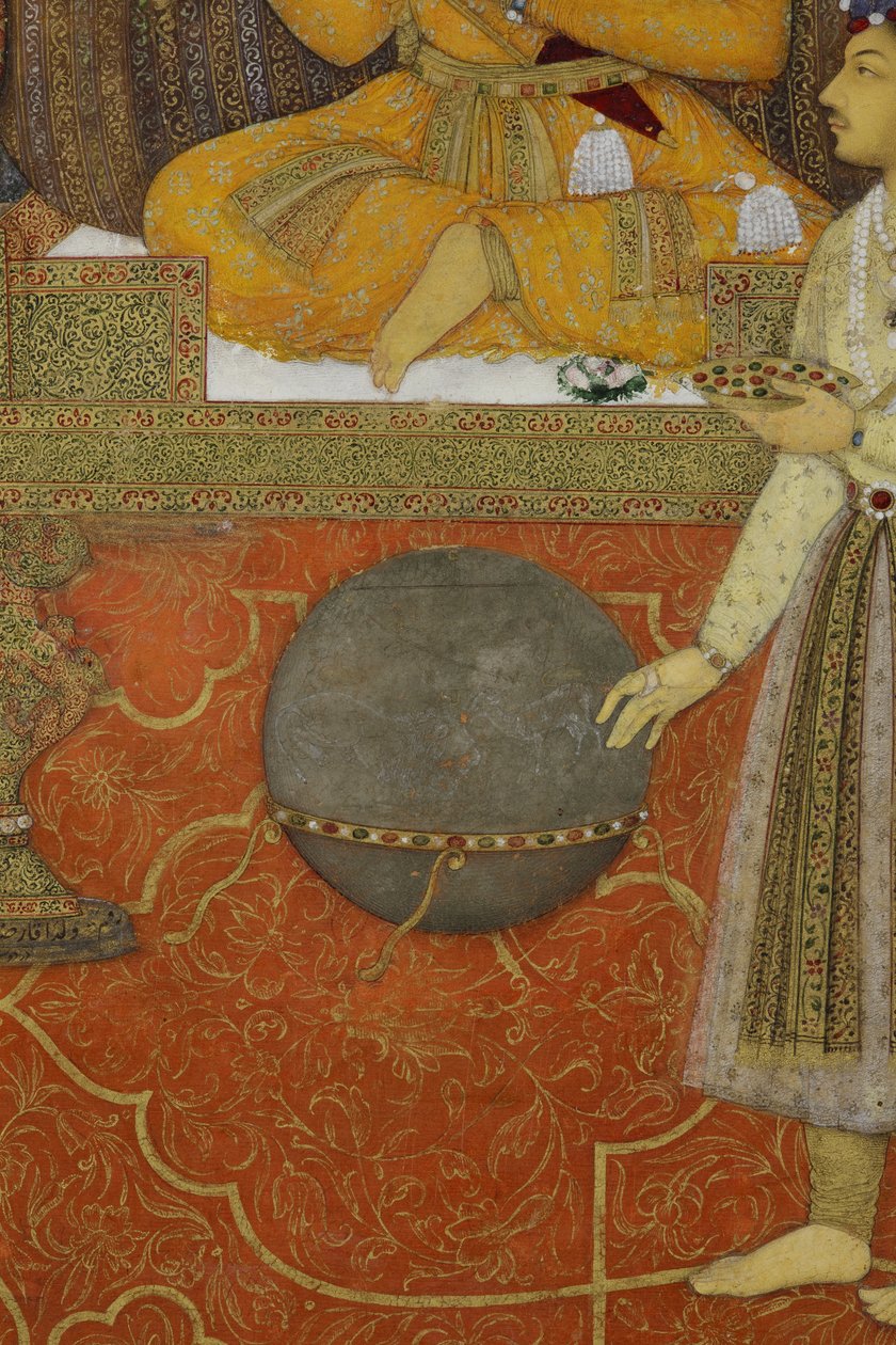 Detalj fra The Emperor Shah Jahan on the Peacock Throne, 1640 (ugjennomsiktig wc og gull på papir) av son of Aqa Riza Abid