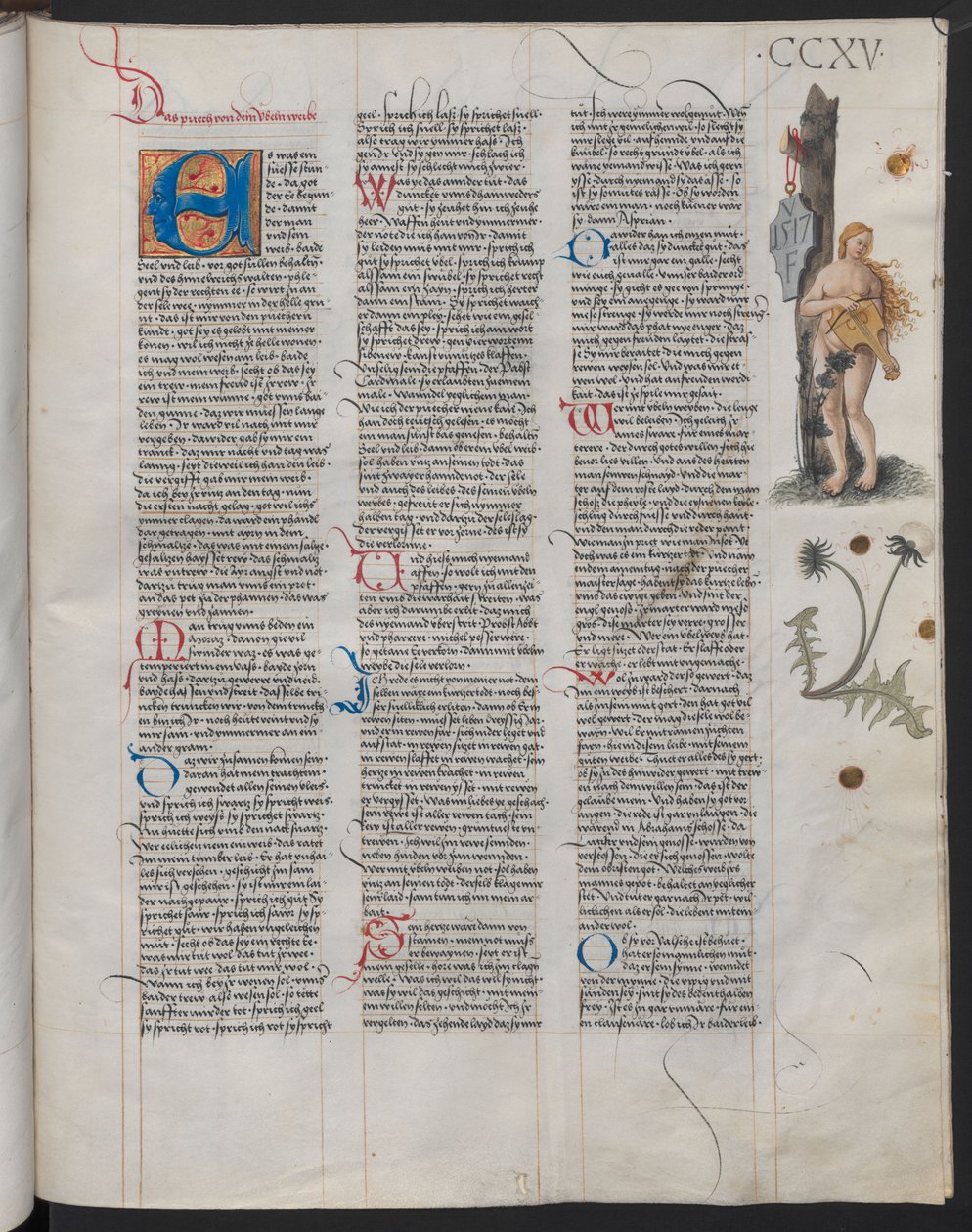 The Ambraser Heldenbuch, folio 215r. Initialene VF på skjoldet antas å være kunstnerens av Österreichische Nationalbibliothek,